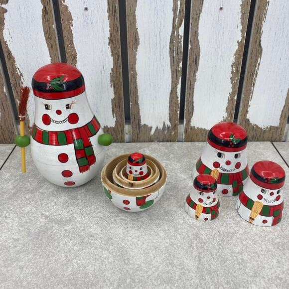 Festive Handpainted 4PC Russian Nesting Dolls Christmas Snowman Nesting Set - Picture 4 of 5